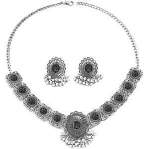 Vintage Austrian Black & Silver Necklace Earrings Jewelry Set for Women